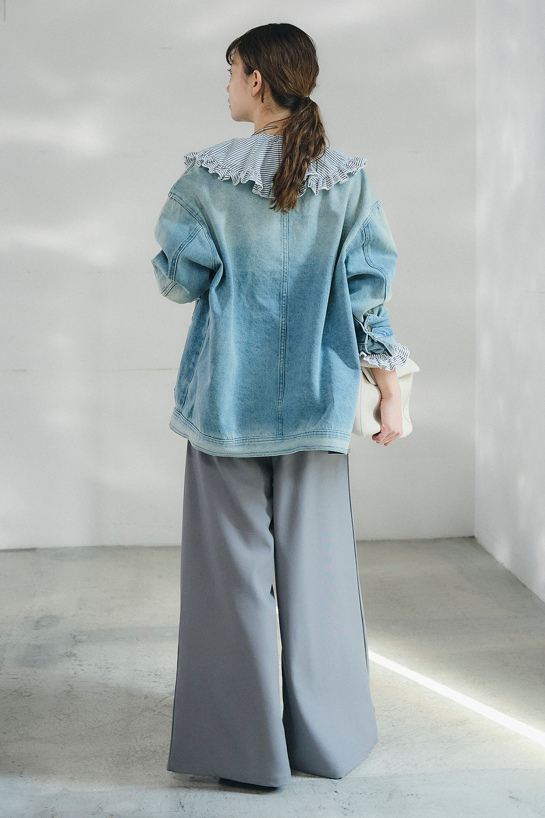 [SET]ノーカラーデニムポケットジャケット+コットンフリルブラウス+ベルト付きタックデザインハイウエストロングパンツ(3set)
