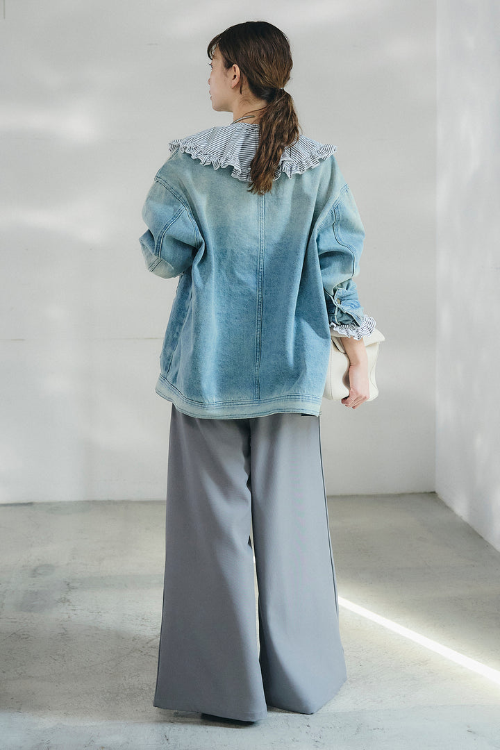 [SET]ノーカラーデニムポケットジャケット+コットンフリルブラウス+ベルト付きタックデザインハイウエストロングパンツ(3set)