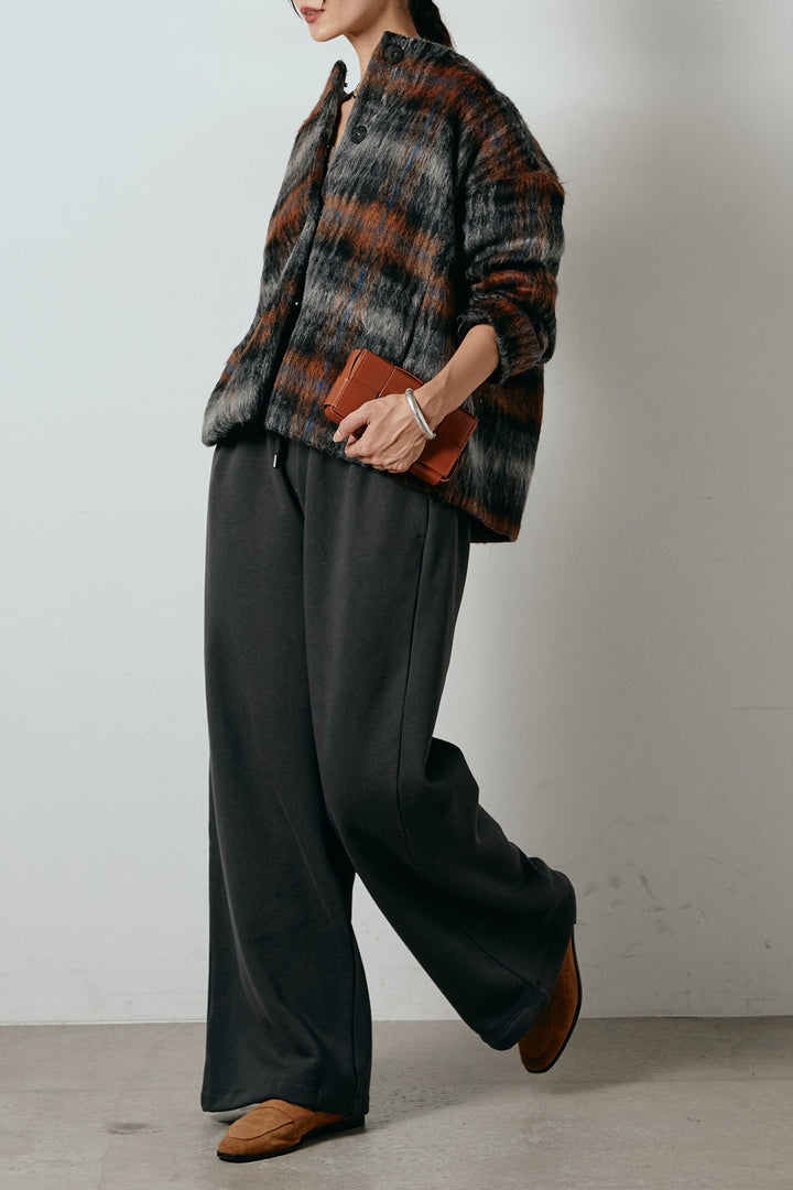 [SET]ノーカラーシャギーチェックアウター+裏起毛スウェットワイドパンツ(2set)