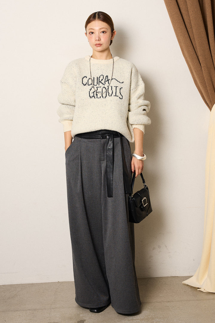 [SET]ロゴシャギーニットプルオーバー+巻ベルトウエストレザーライクワイドパンツ(2set)