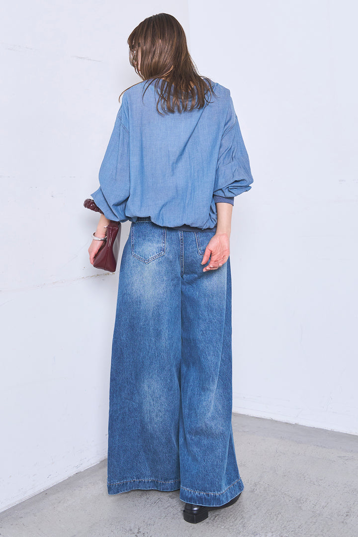 [SET]シアーデニムカーディガン+ベルトループワイドタックデニムパンツ(2set)