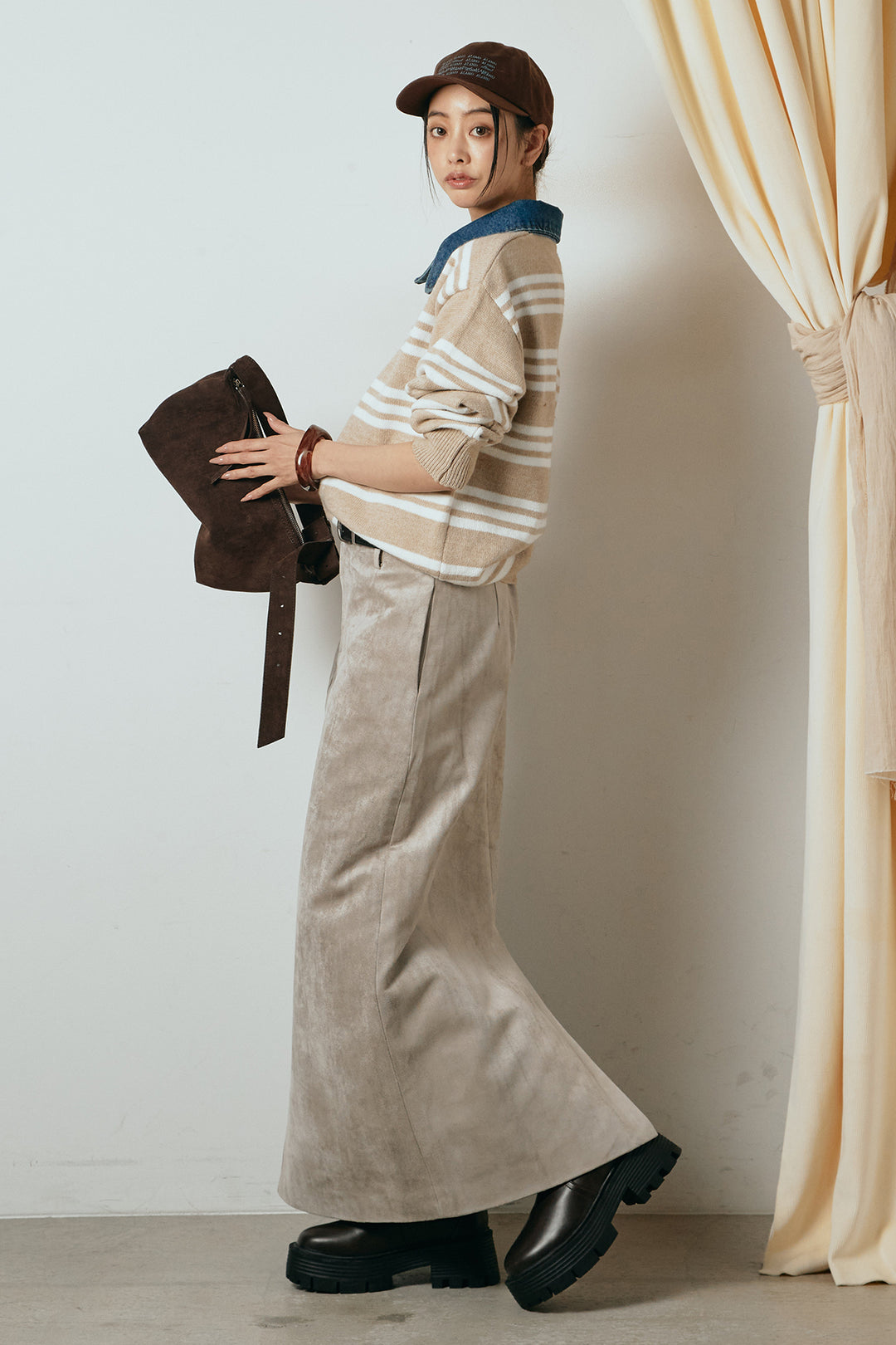 [SET]デニムレイヤード風ランダムボーダーニットプルオーバー+エコスウェードワイドスカート(2set)