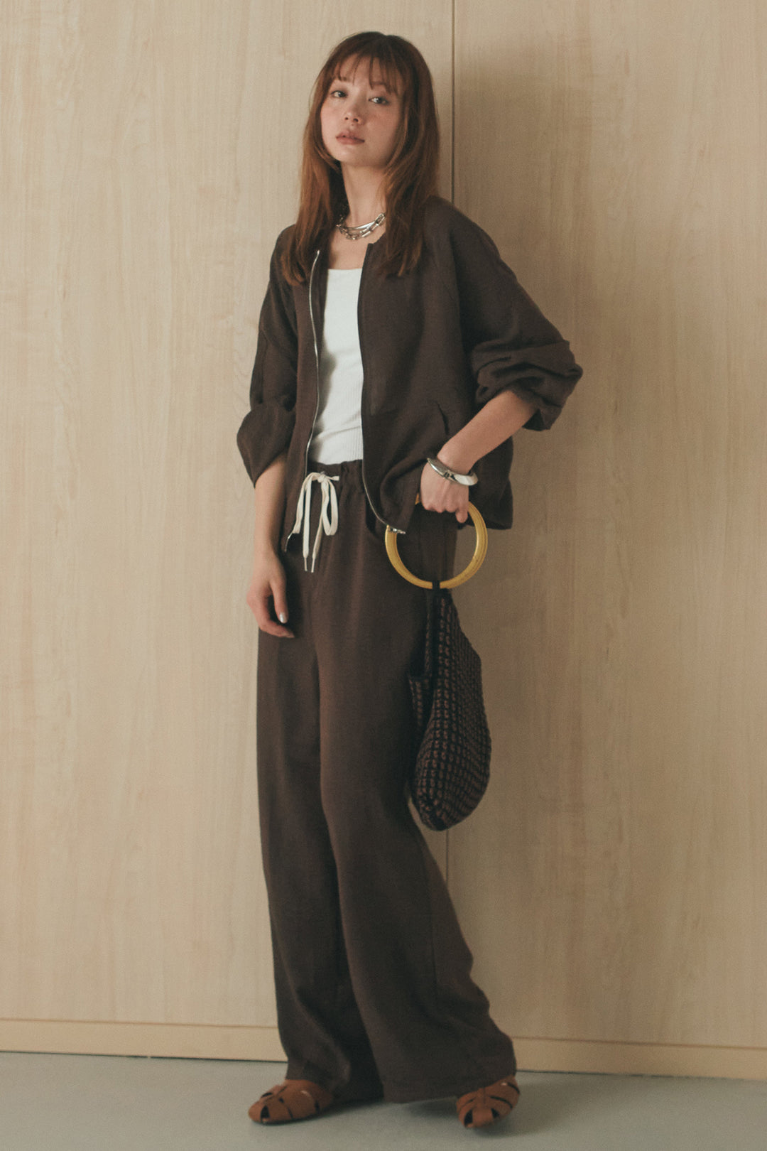 [SET]麻混ノーカラーブルゾン+麻混ウエストドロストパンツ(2set)