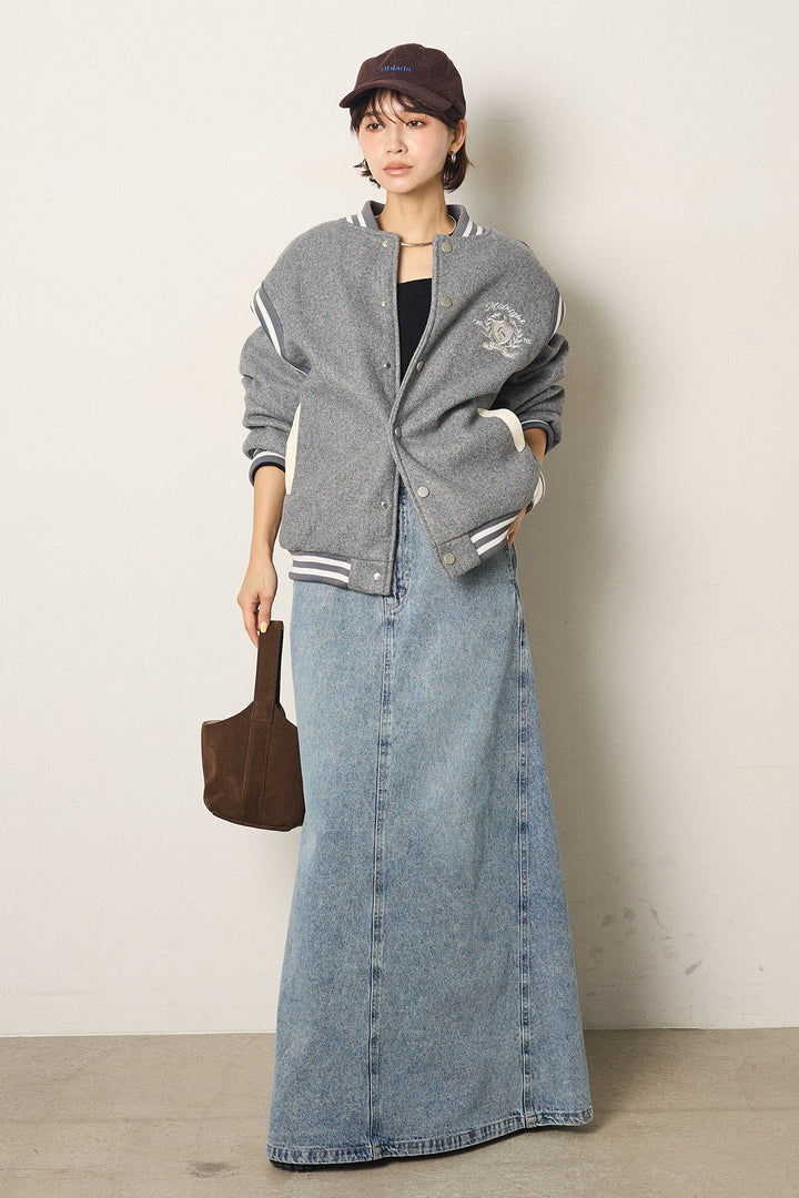 [SET]ワンポイントデザインブルゾン+デニムロングフレアスカート(2set)