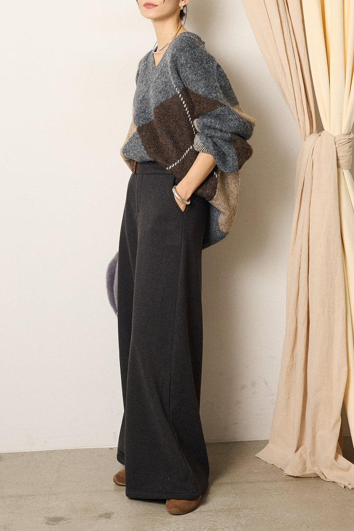 [SET]ルーズアーガイルVネックニット+サイドベルトパンツ(2set)