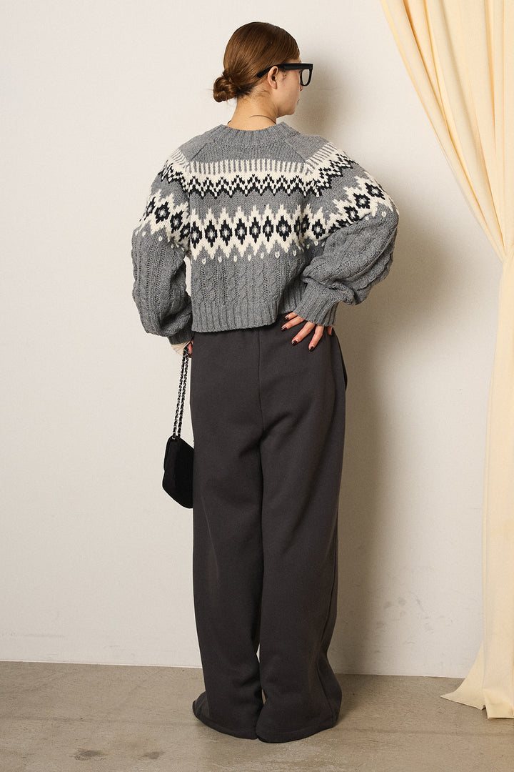 [SET]2WAY求心柄ジャガードショートカーディガン+裏起毛スウェットワイドパンツ+2WAY袖コード刺繍クルーネックプルオーバー(3set)