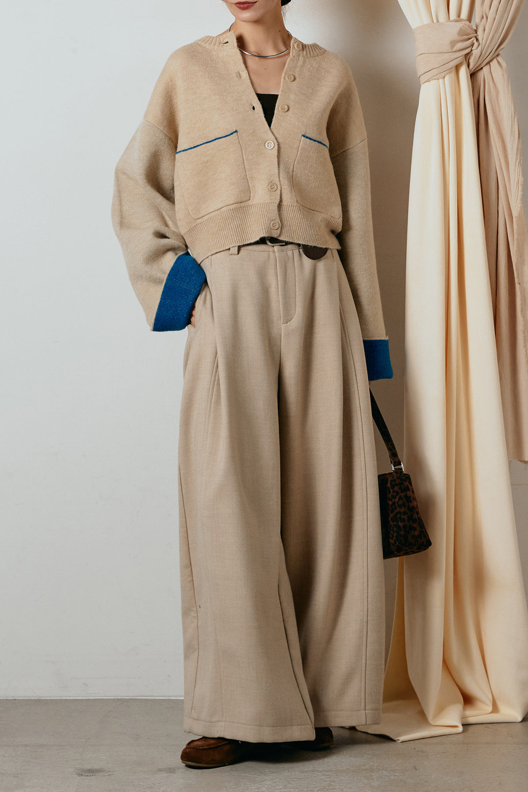 [SET]アルパカタッチダブルフェイスカーディガン+ポーチベルト付きカーブパンツ(2set)