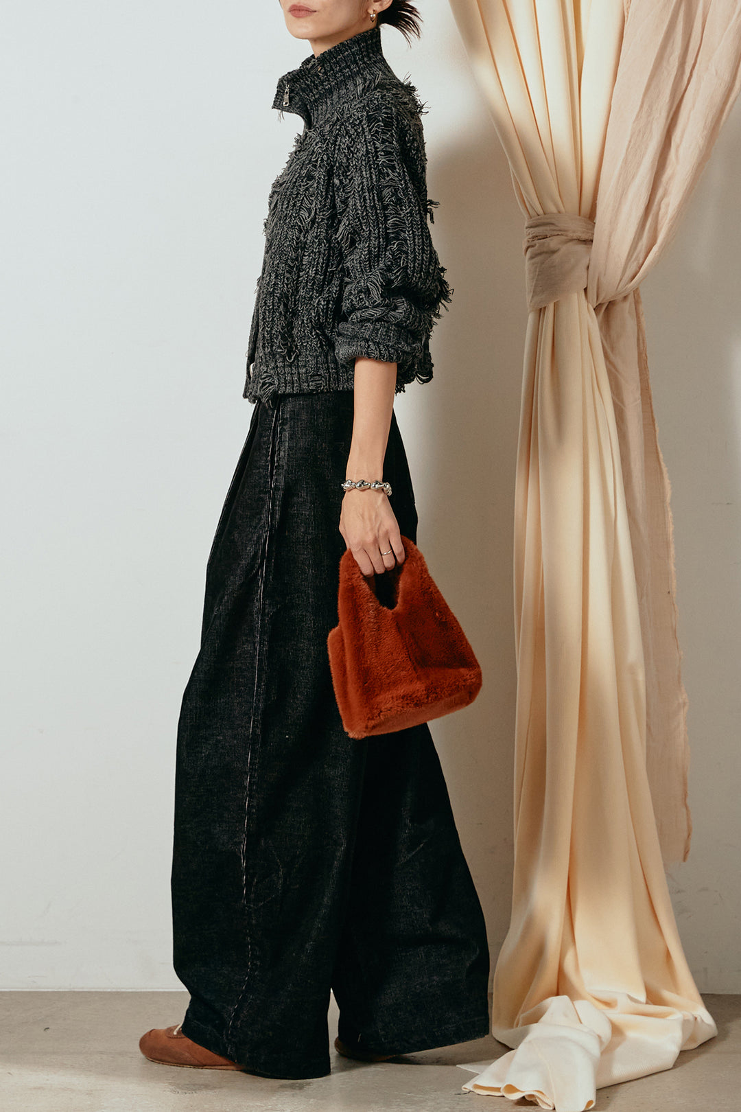 [SET]ハイネックフリンジジップニットトップス+フロントタック入りコーデュロイパンツ(2set)