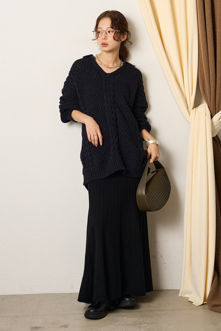 [SET]デニムカラーケーブルオーバーニット+編み地切り替えフレアニットスカート(2set)