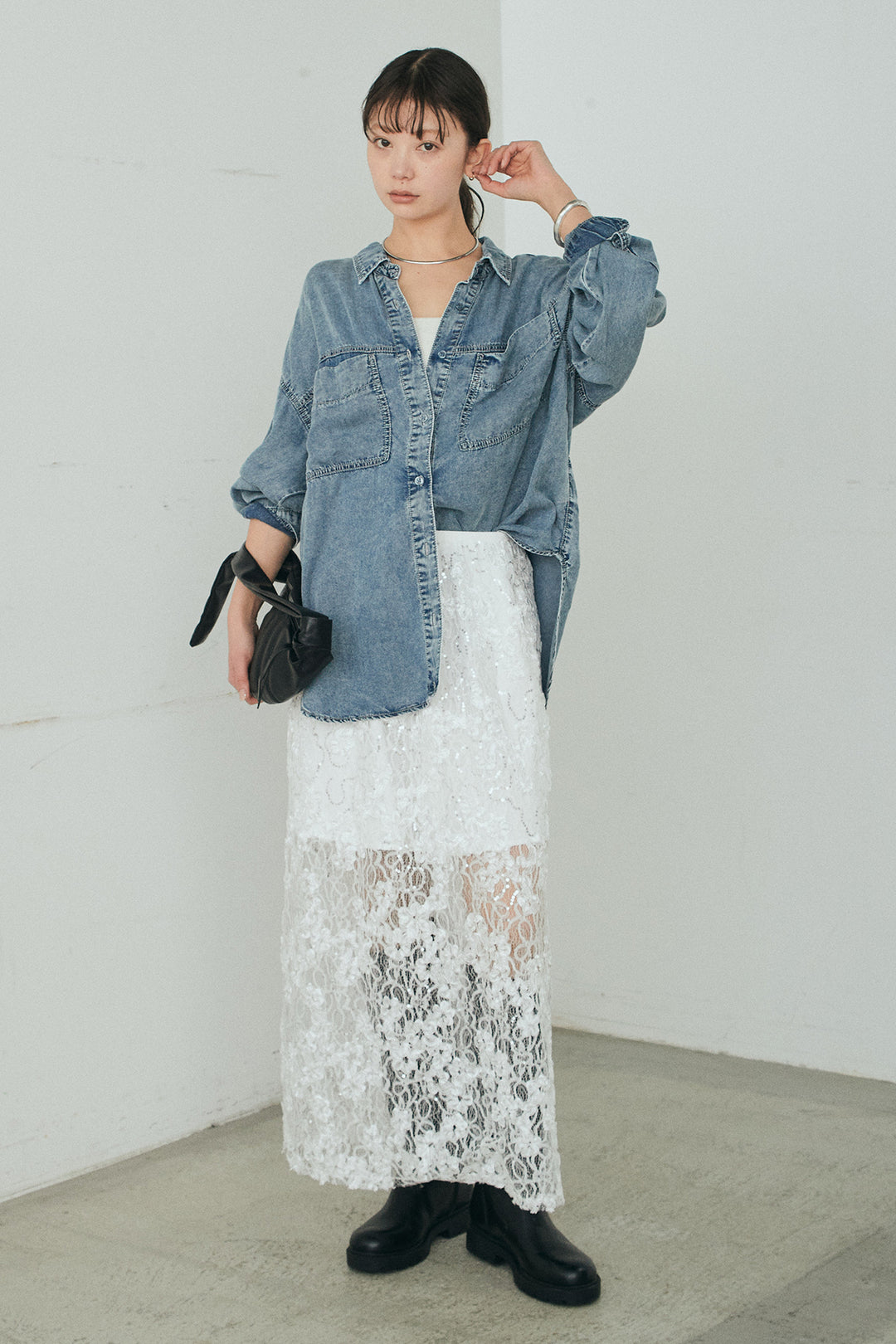 [SET]テンセルデニムシャツ+ラメ刺繍デザインスカート(2set)