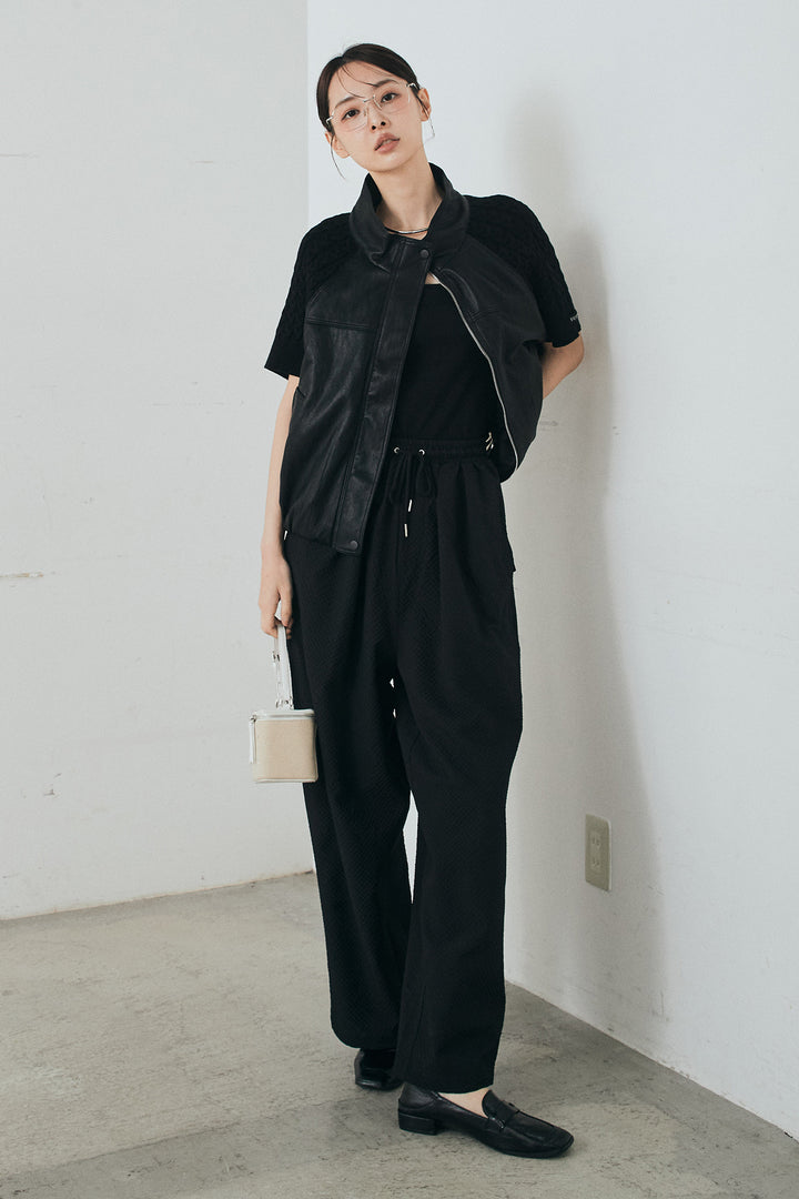 [SET]ニット切替レザーライクベスト+シアサッカーイージーパンツ(2set)