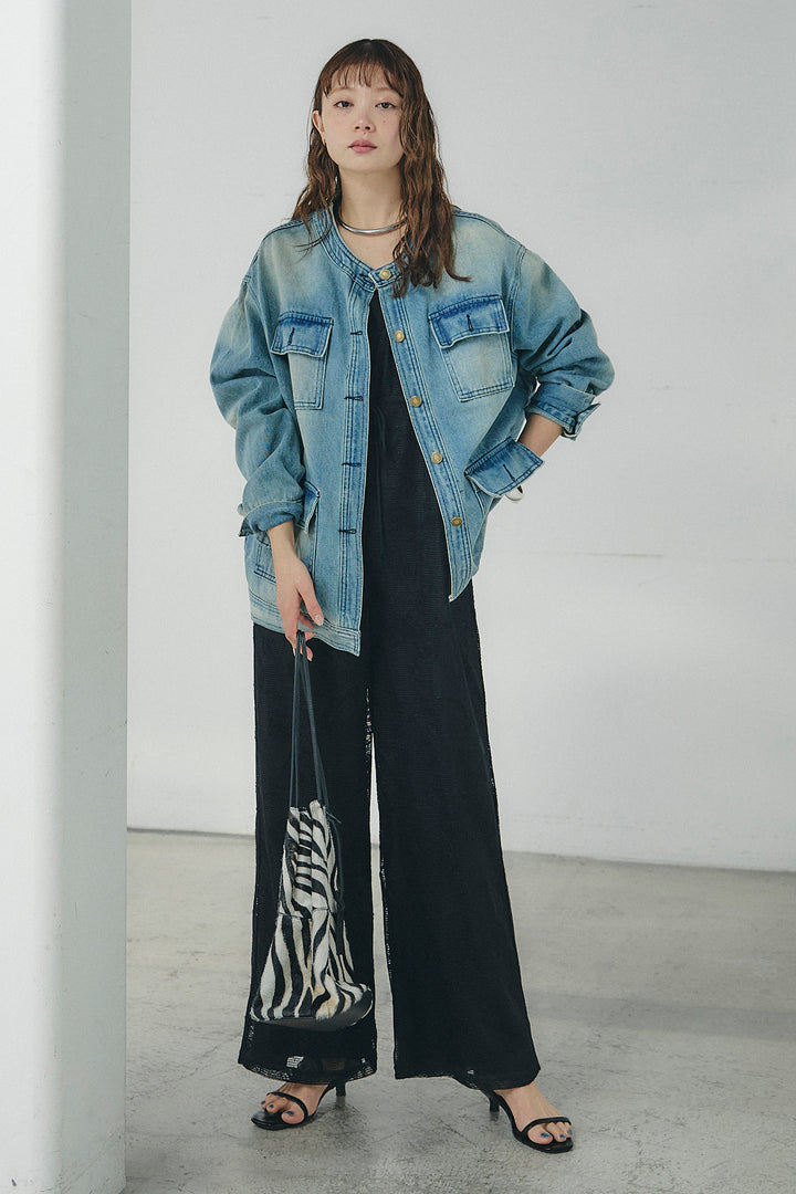 [SET]ノーカラーデニムポケットジャケット+レースサロペット(2set)