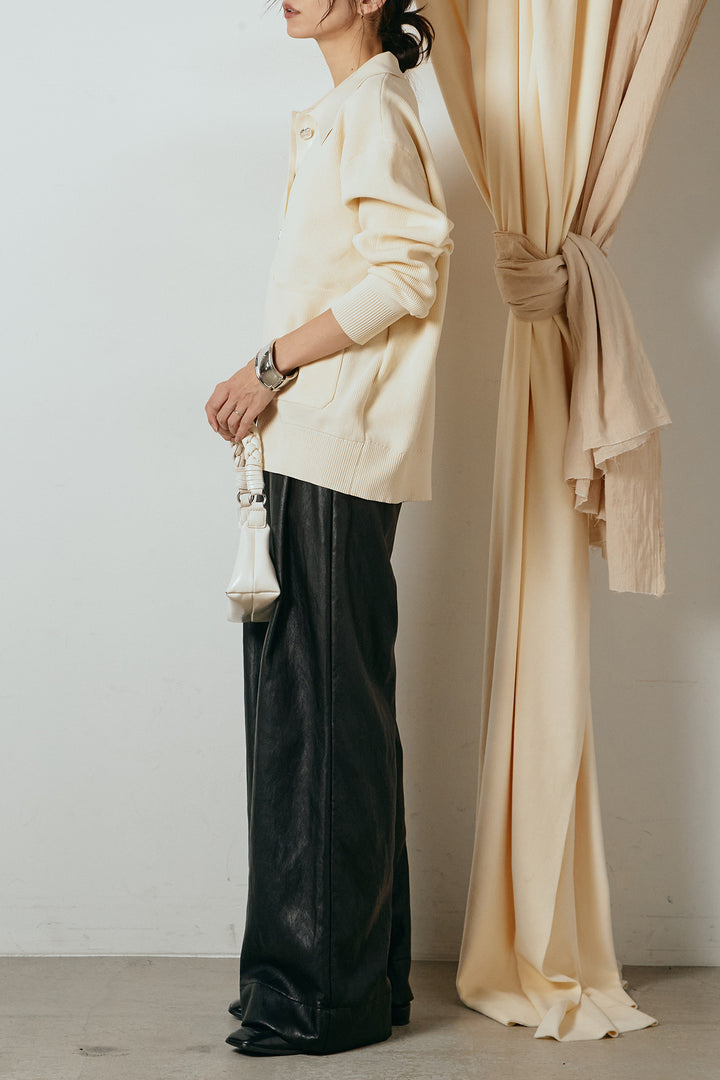 [SET]メタル釦衿付きニットカーディガン+ベルト付きレザーライクタックパンツ(2set)