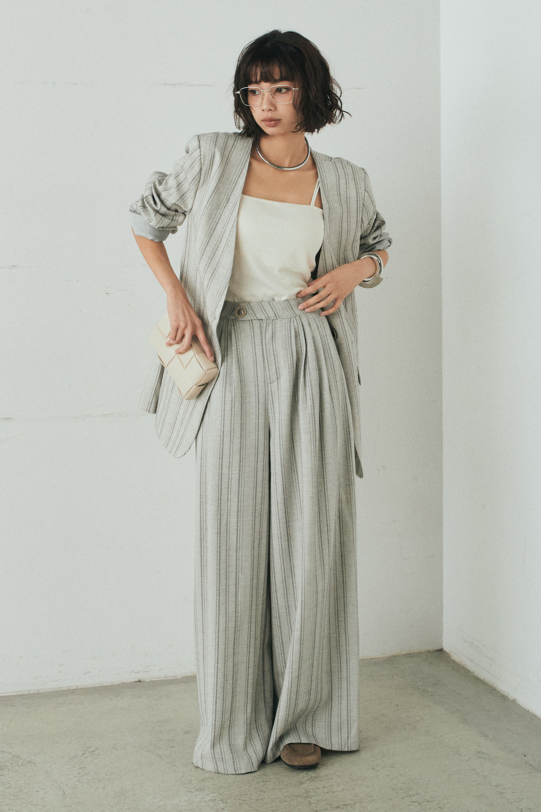 [SET]ノーカラーピンストライプジャケット+ピンストライプワイドスラックス(2set)