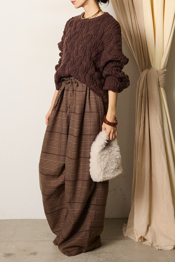 [SET]ケーブルリラックスショートニット+グレンチェックルーズタックパンツ(2set)
