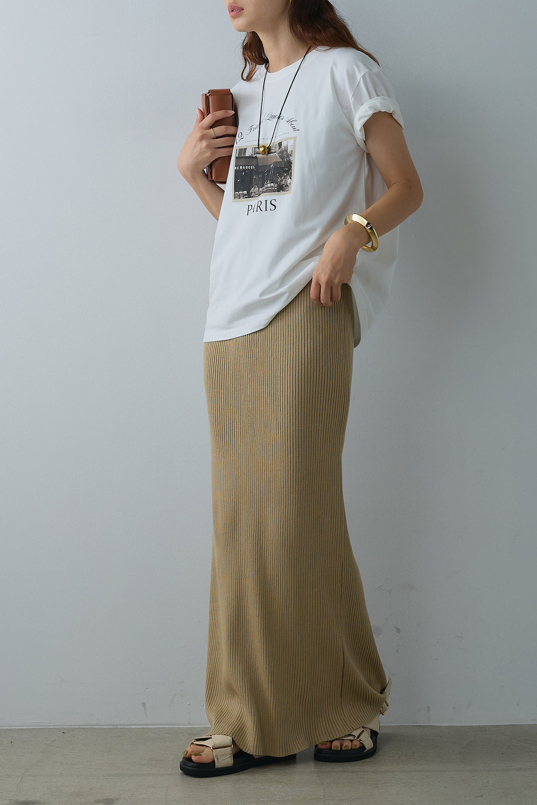 [SET]PARISフォトTシャツ+パッド付きスクエアネックリブニットワンピース(2set)