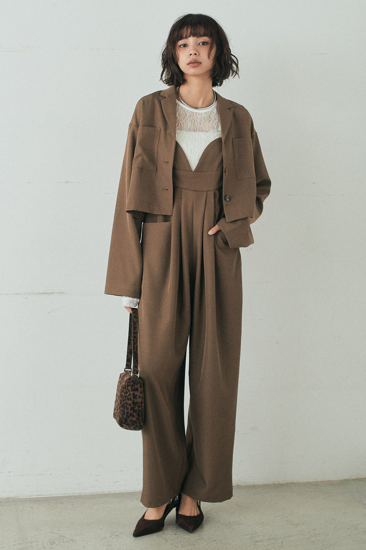 [SET]バックジップデザインショートツイルジャケット+キャミロングオールインワン+ストレッチレースクルーネックインナー(3set)