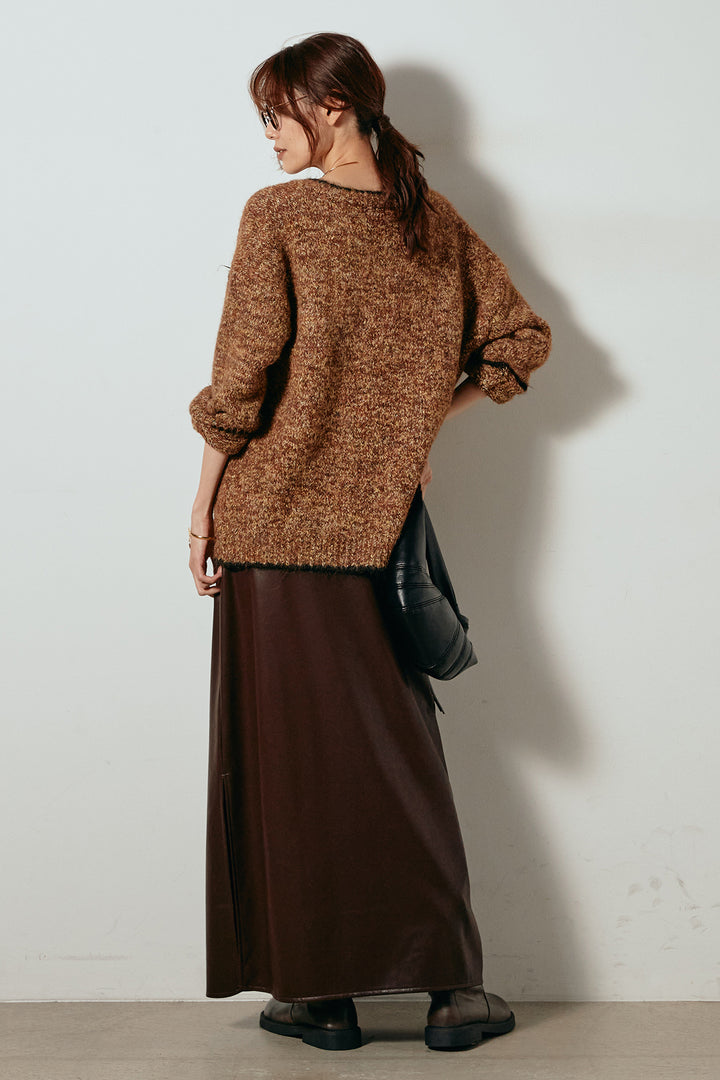 [SET]ミックスニットポケットカーディガン+紐付きフェイクレザーワイドスカート(2set)