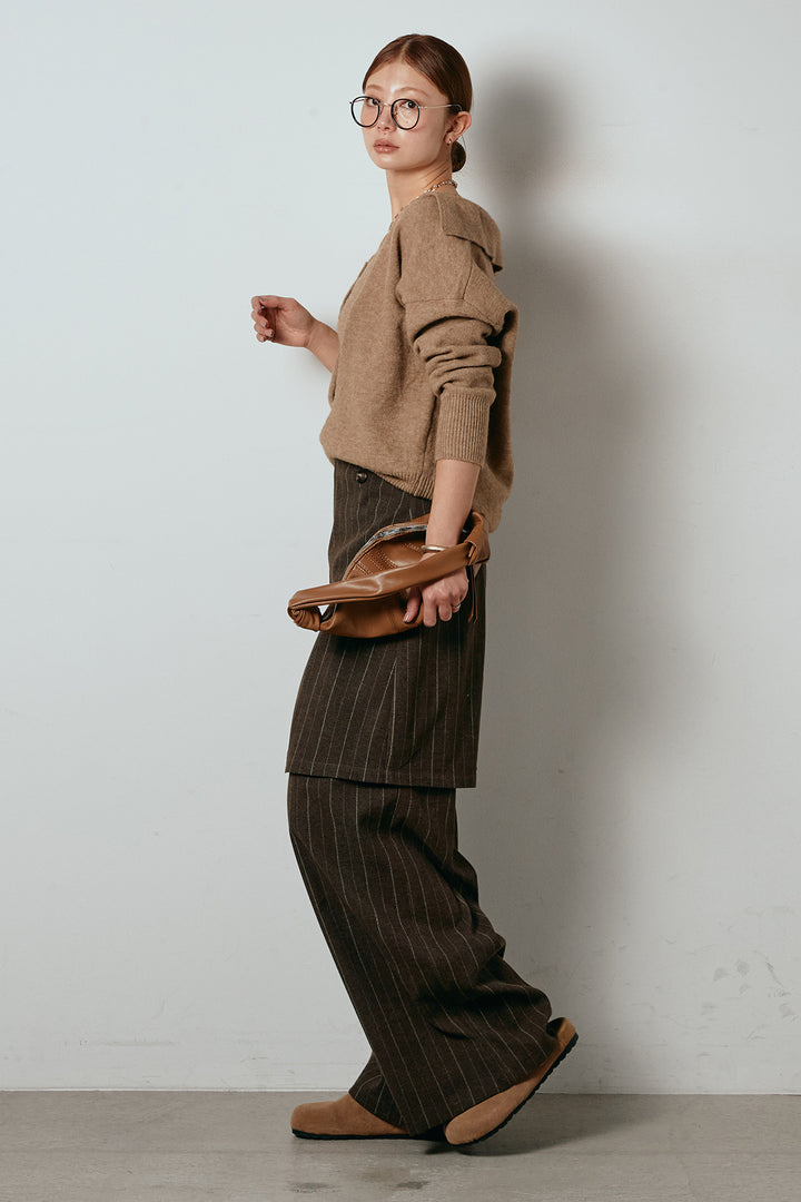 [SET]襟付きレイヤードニットトップス+細ストライプレイヤードデザインパンツ(2set)