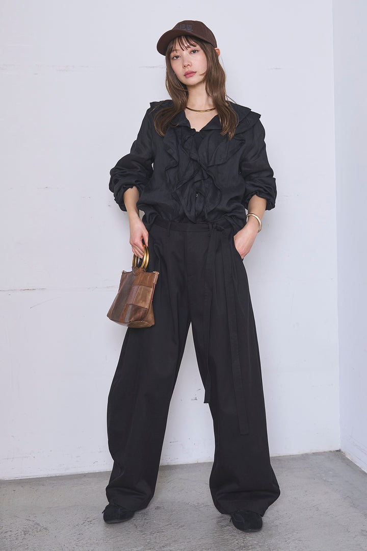 [SET]フリルボタンブラウス+紐ベルト付きカーブワイドパンツ(2set)