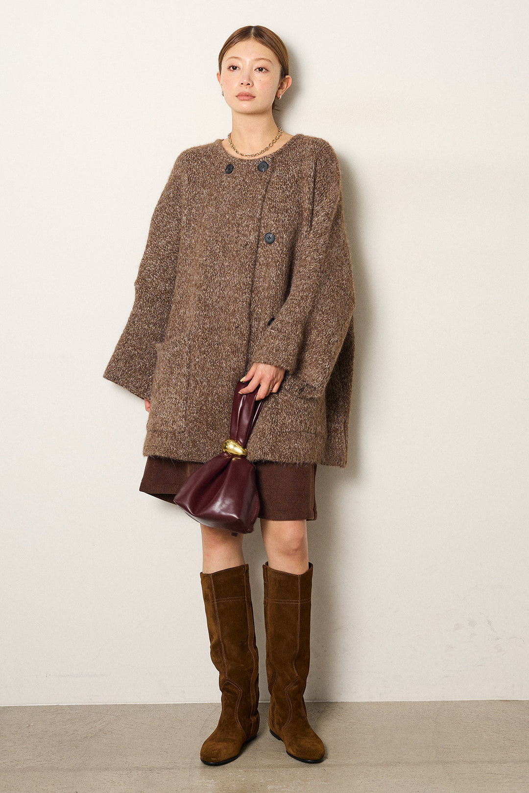 [SET]アシンメトリーボタンニットカーディガン+リラックスコーデュロイハーフパンツ(2set)