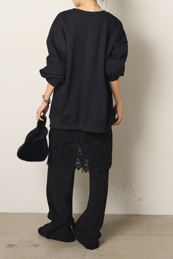 [SET]モノトーンプリントスウェット+レース刺繍レイヤードフレアパンツ(2set)