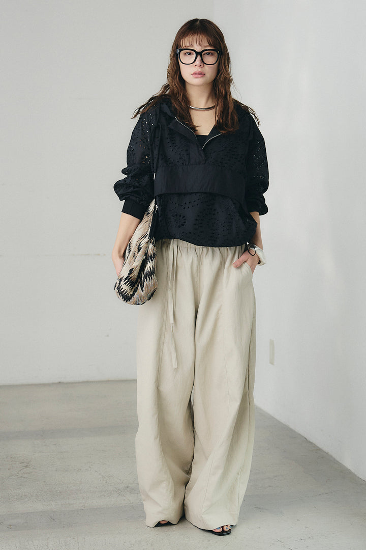 [SET]レースハーフジップアップフーディー+フェイクレザーカーブワイドパンツ(2set)