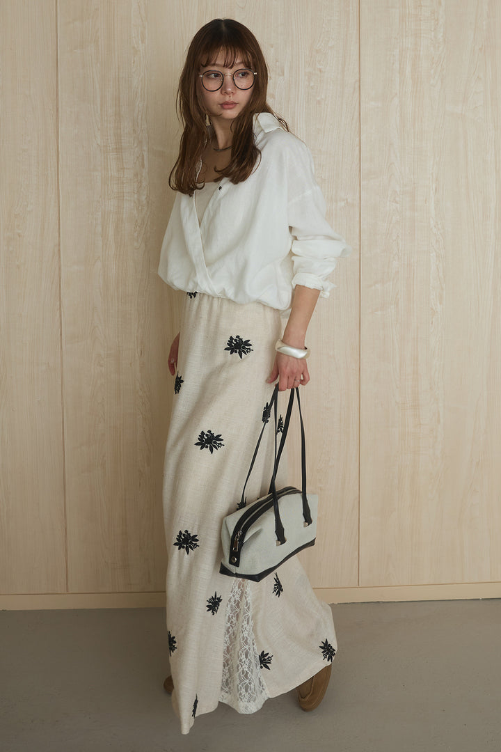 [SET]麻混襟付きトップス+レースコンビフラワー刺繍柄スカート(2set)
