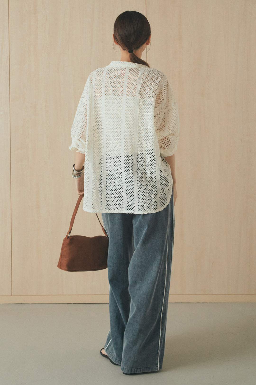 [SET]長袖襟付きレースシャツ+ドロストサイドラインデニムパンツ(2set)