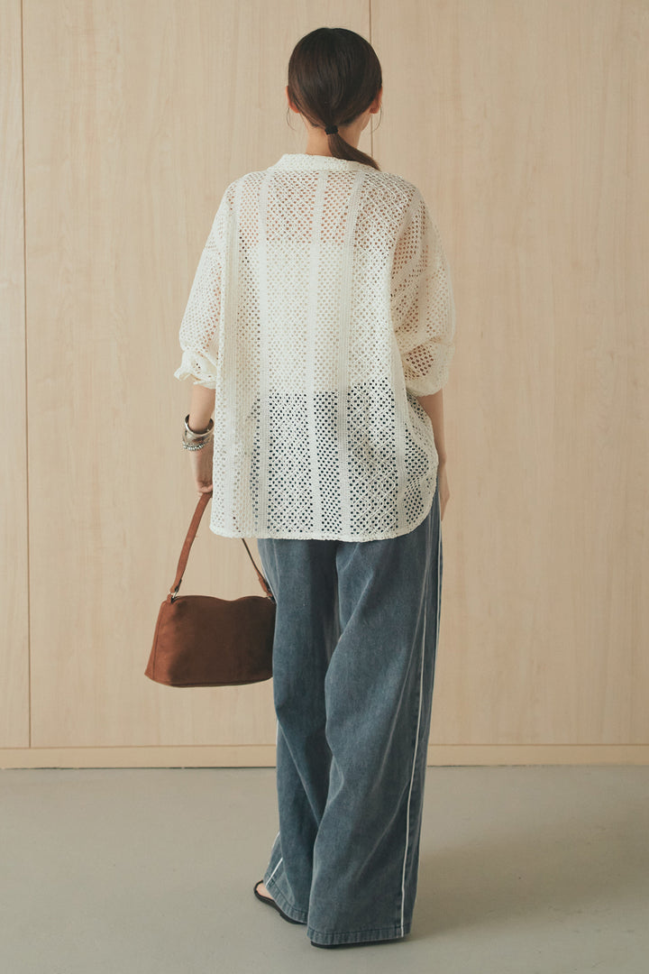 [SET]長袖襟付きレースシャツ+ドロストサイドラインデニムパンツ(2set)