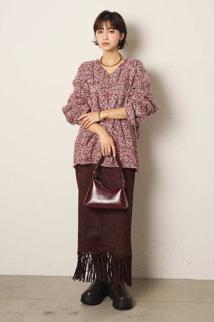 [SET]Vネックミックス編みニットトップス+スウェードライク裾フリンジスカート(2set)