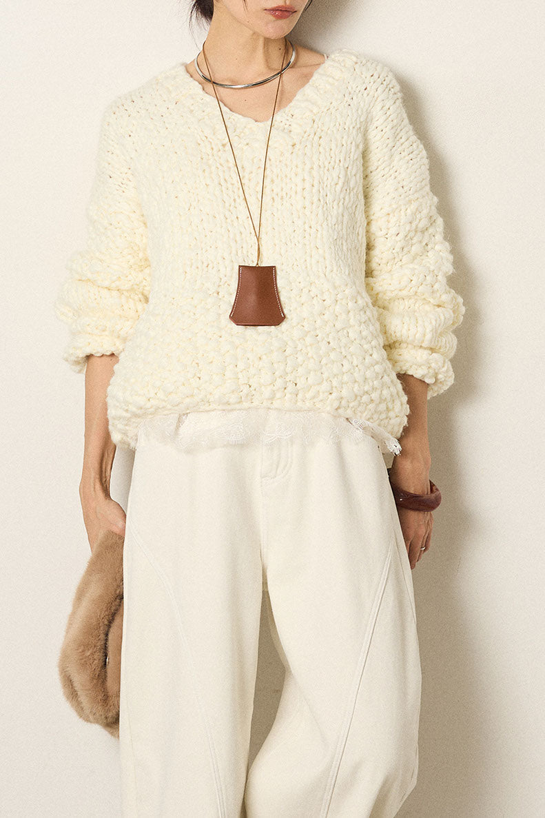 [SET]Vネックハンド編みニットトップス+レース切り替えキャミソール(2set)