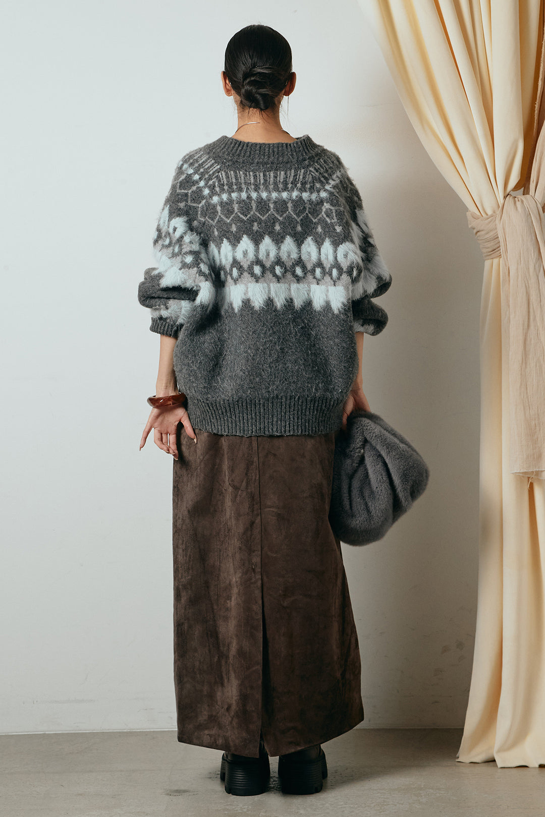 [SET]起毛ダブルジップパターンニットカーディガン+エコスウェードワイドスカート(2set)