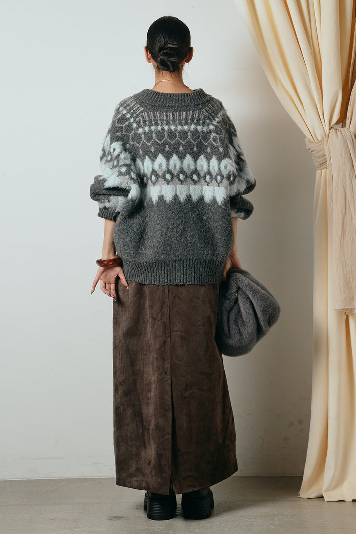 [SET]起毛ダブルジップパターンニットカーディガン+エコスウェードワイドスカート(2set)