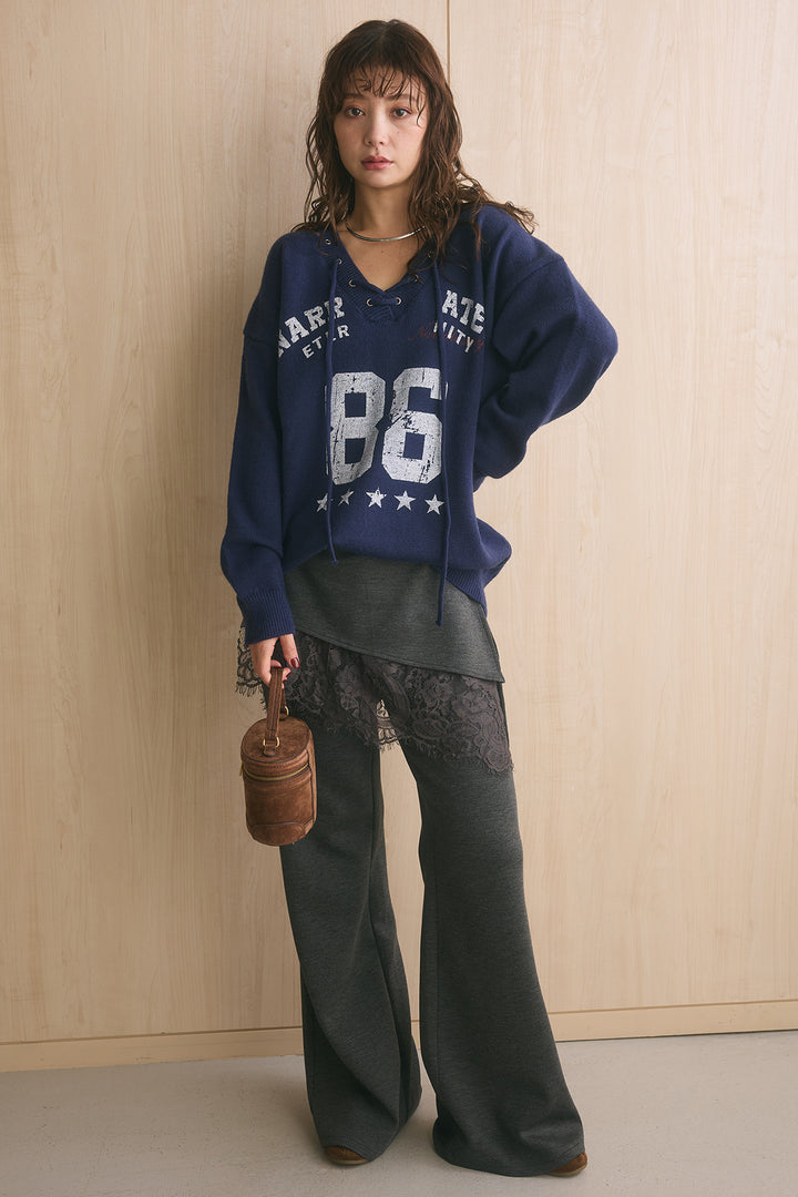 [SET]ナンバリングニットプルオーバー+レースレイヤードラップパンツ(2set)