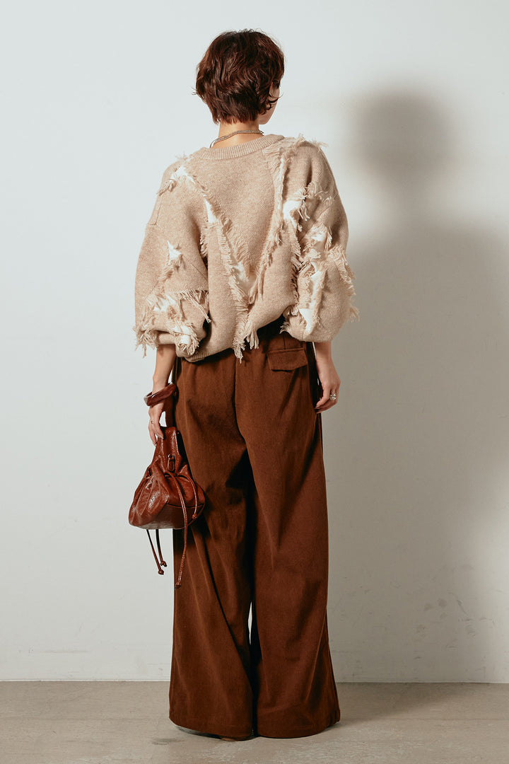 [SET]シャギージャガードニットトップス+太ベルト付きコーデュロイタックパンツ(2set)