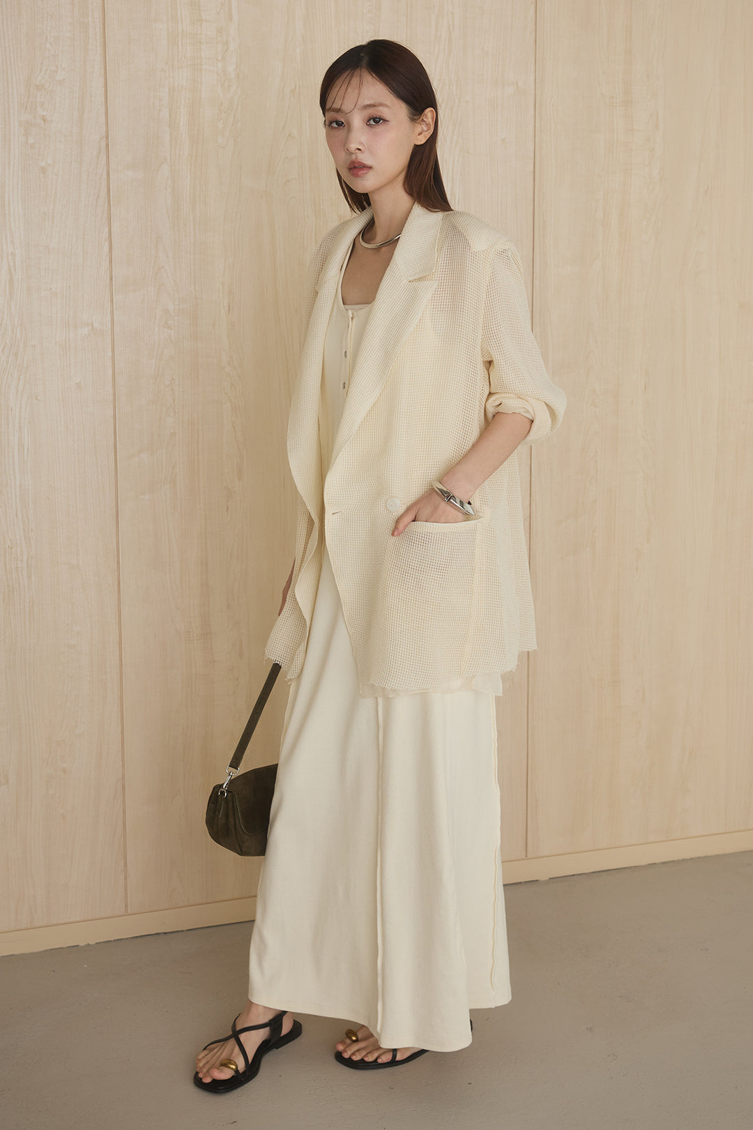 [SET]メッシュテーラードワイドジャケット+ノースリロングワンピース(2set)