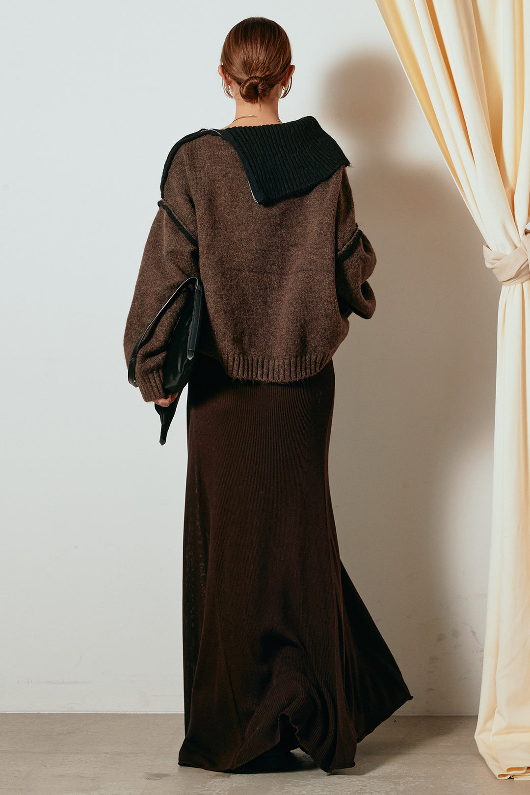 [SET]ハイネックジップデザインニットトップス+サイド切り替えリブニットロングスカート(2set)