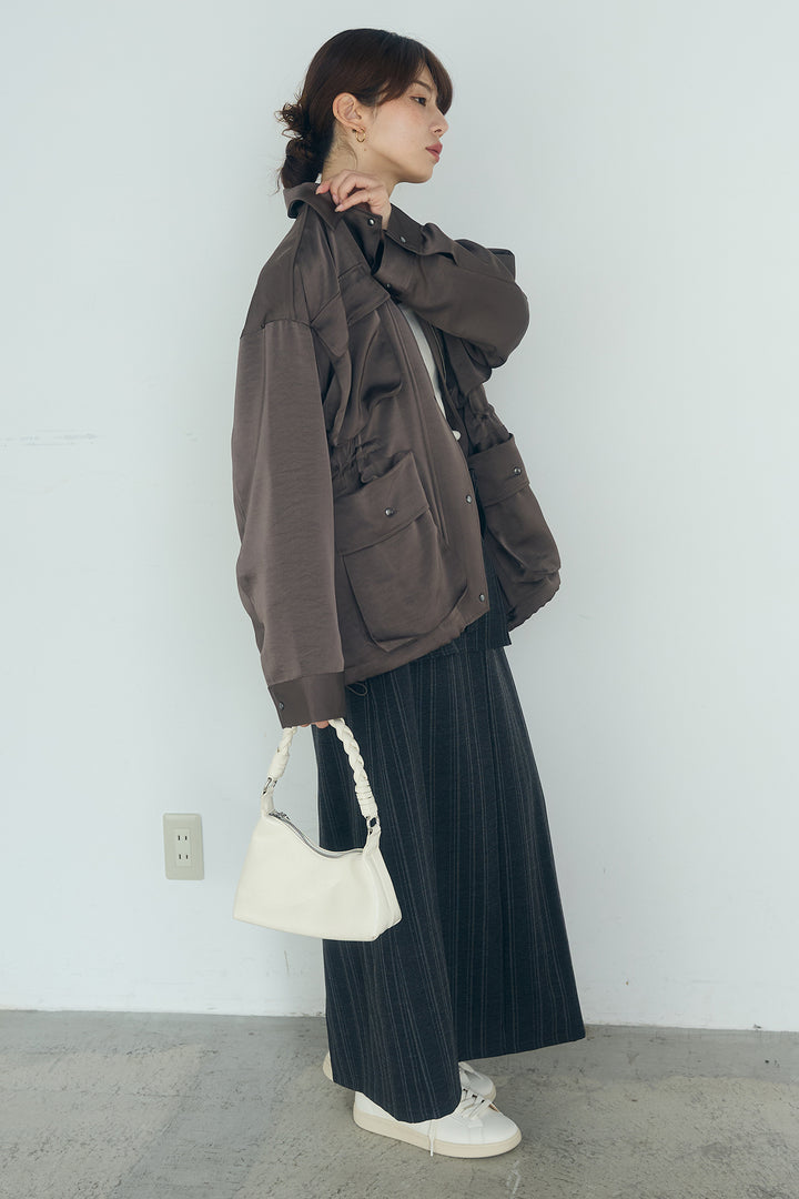 [SET]サテンライトブルゾン+ラップ巻きピンストライプワイドスカート(2set)