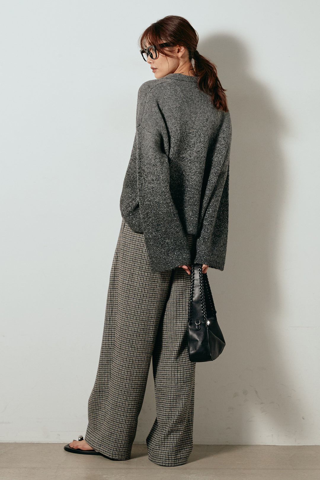 [SET]グラデーションラメニットキーネックプルオーバー+ガンクラブチェックタックパンツ(2set)