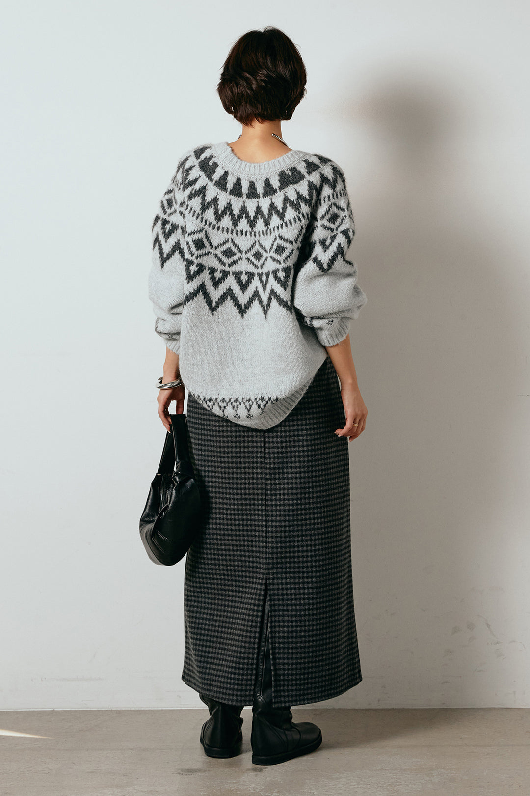 [SET]ノルディック柄Uネックプルオーバー+スエード調ベルト付きチェックナロースカート(2set)