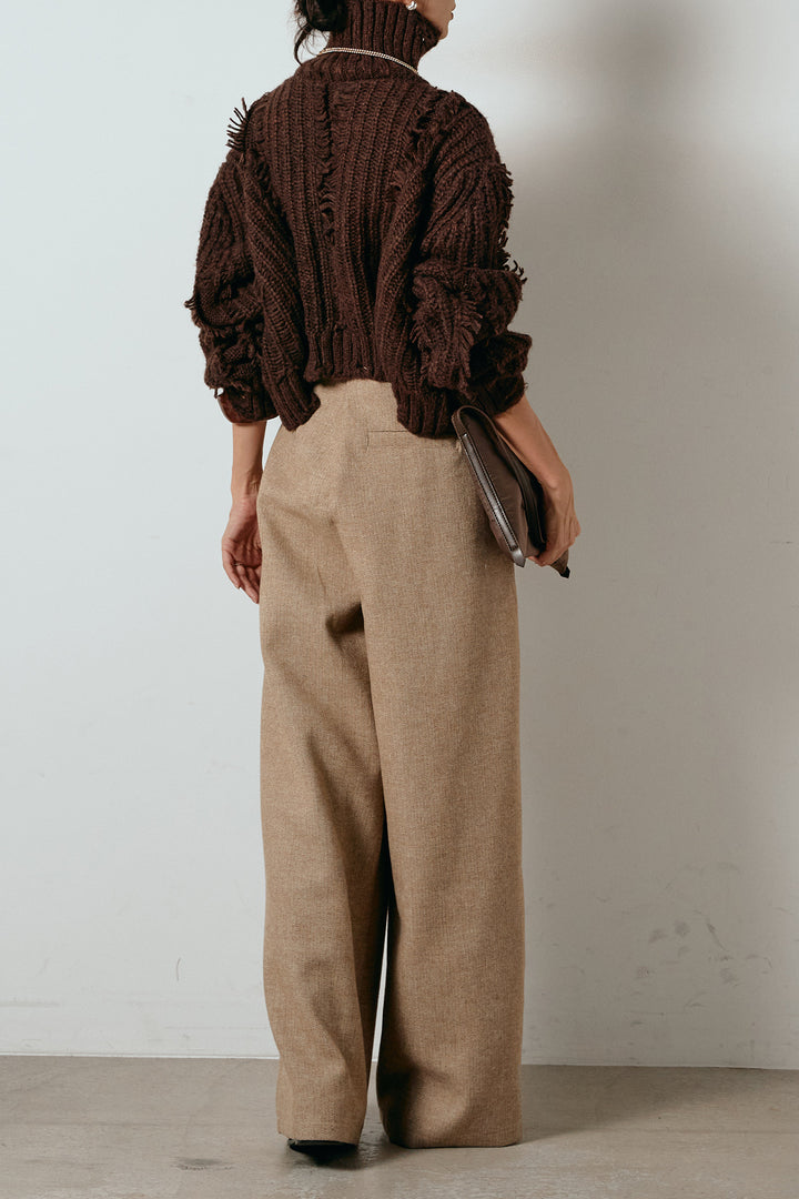 [SET]フリンジタートルショートニット+サイドボタンツイードタックパンツ(2set)