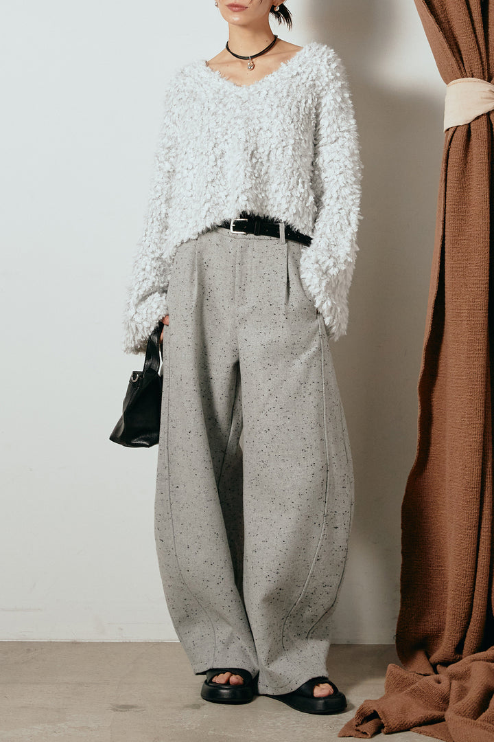 [SET]深Vネックチョウチョヤーンニットトップス+ベルト付きネップツイードカーブパンツ(2set)