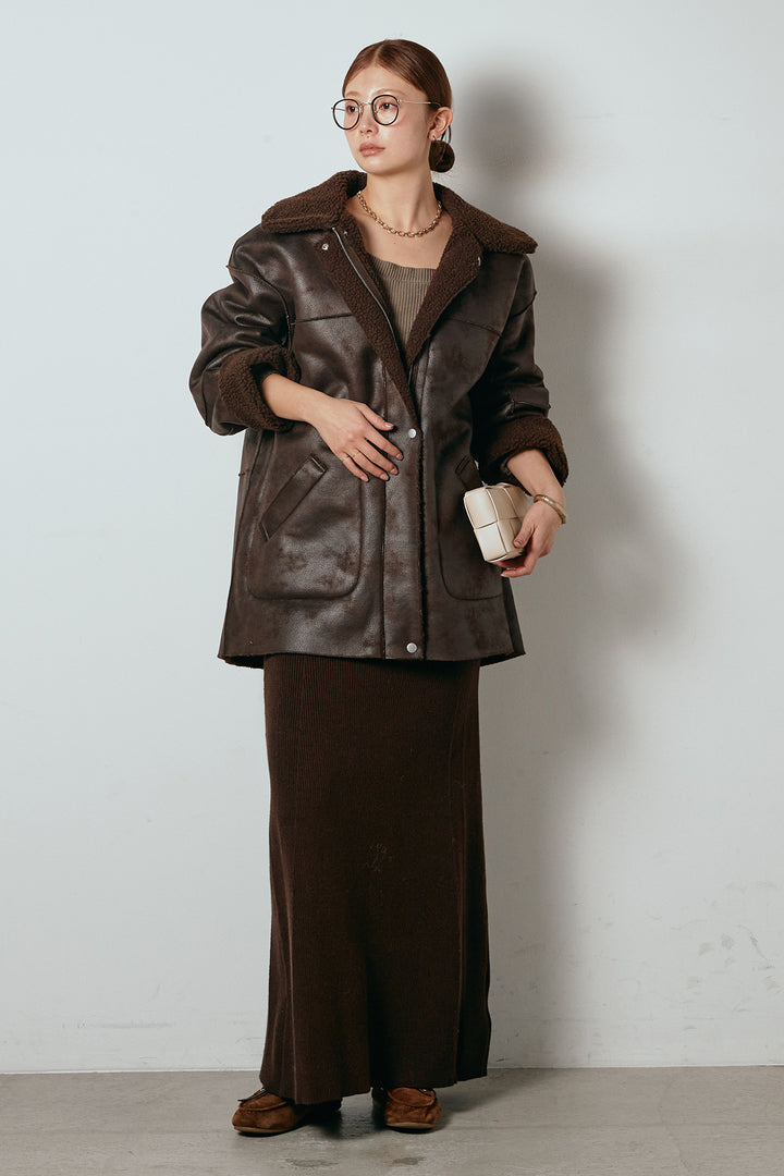 [SET]リバーシブルエコムートンコート+リブナローニットスカート(2set)