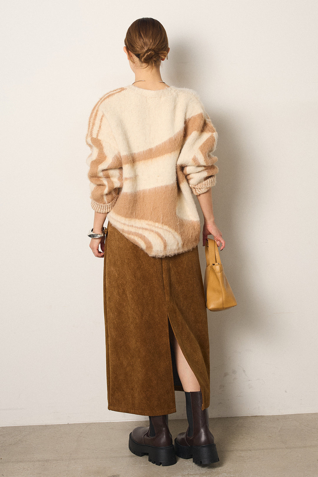 [SET]アクセントブラッシュドカーディガン+ロープベルト付きスウェード調スカート(2set)
