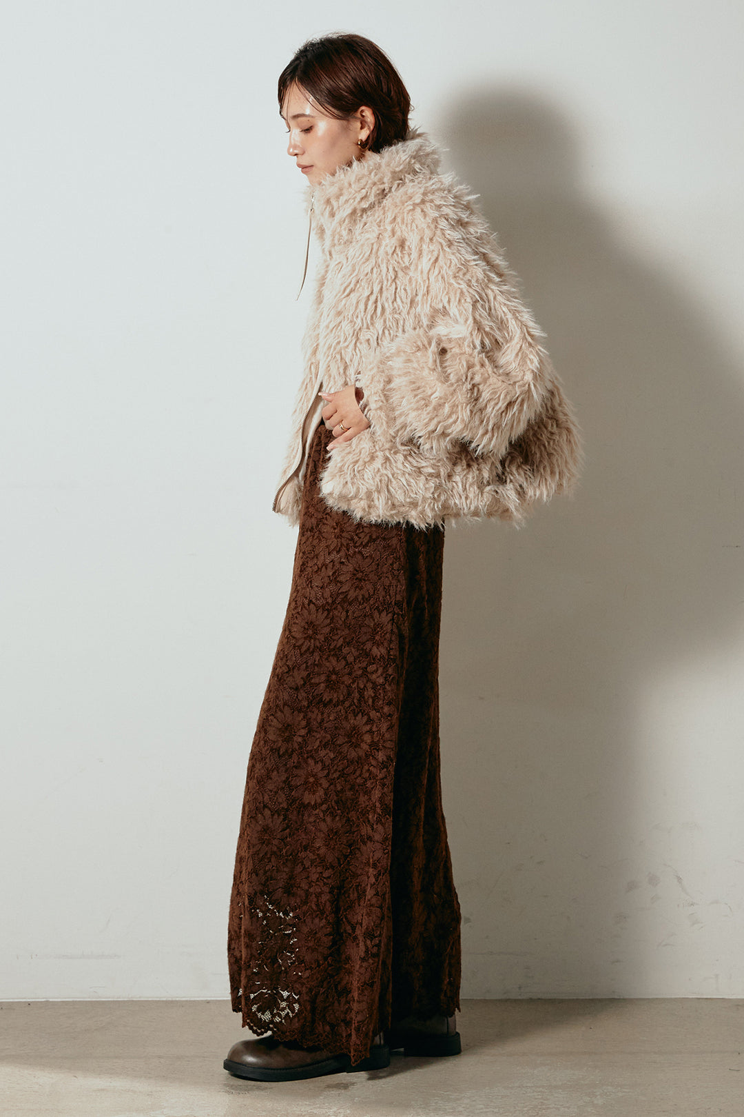 【着回しセット】[SET]ミックスシープファースタンドブルゾン+花柄刺繍ベロアフレアスカート+フェイクウールタックトラウザーズパンツ(3set)