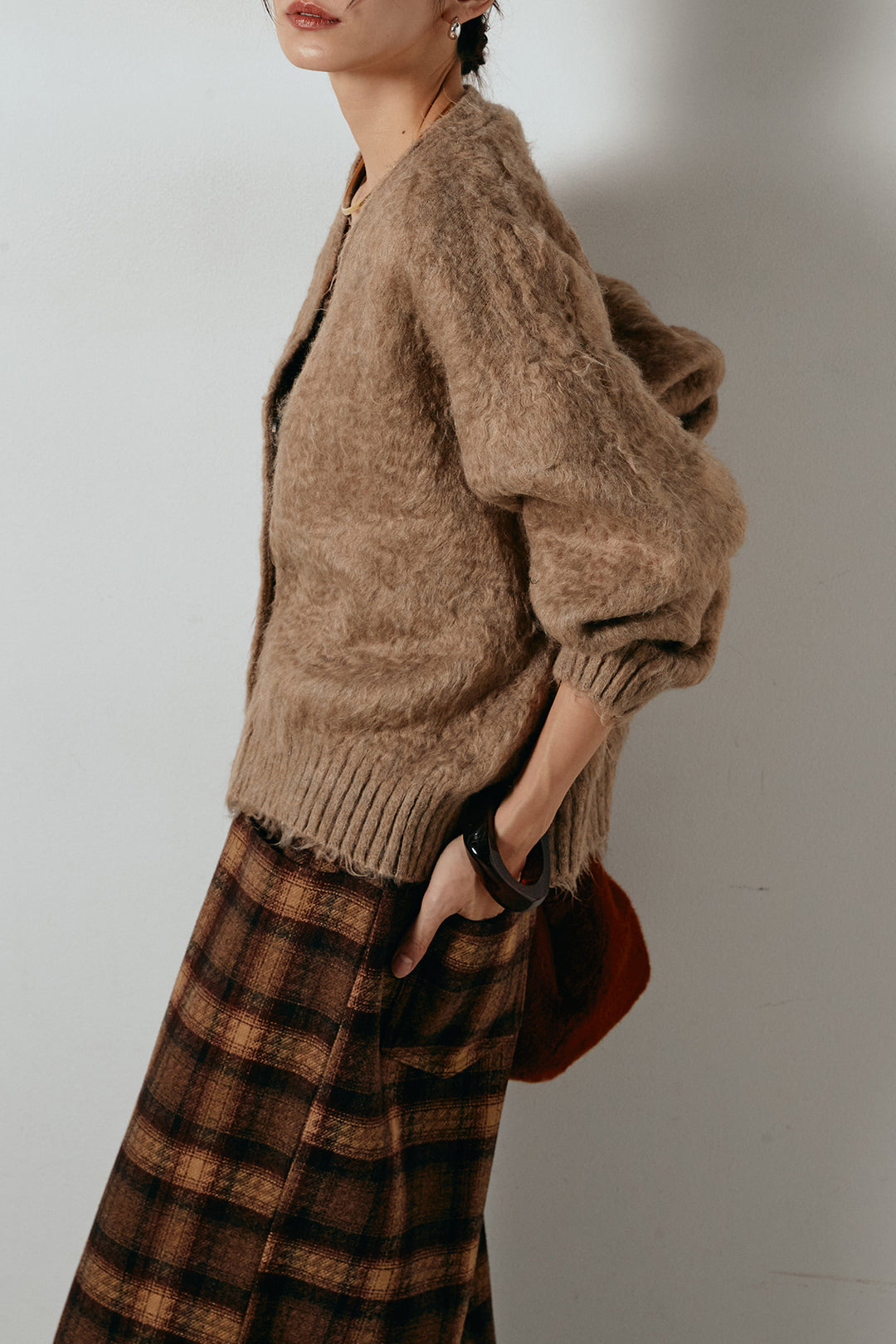 起毛ボタンニットカーディガン/カーキ