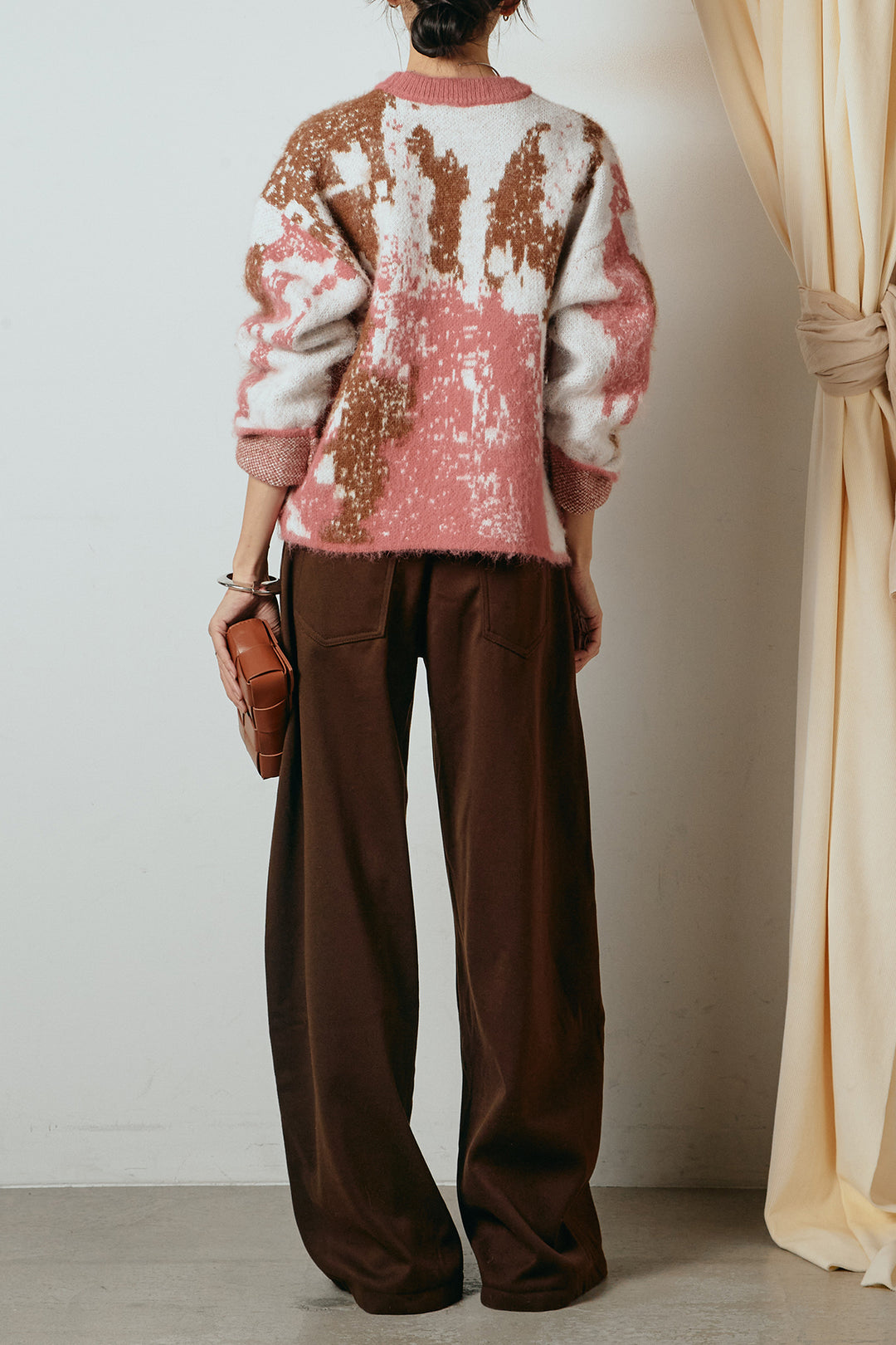 [SET]起毛ニュアンス柄ニットプルオーバー+ファーベルト付きワイドパンツ(2set)