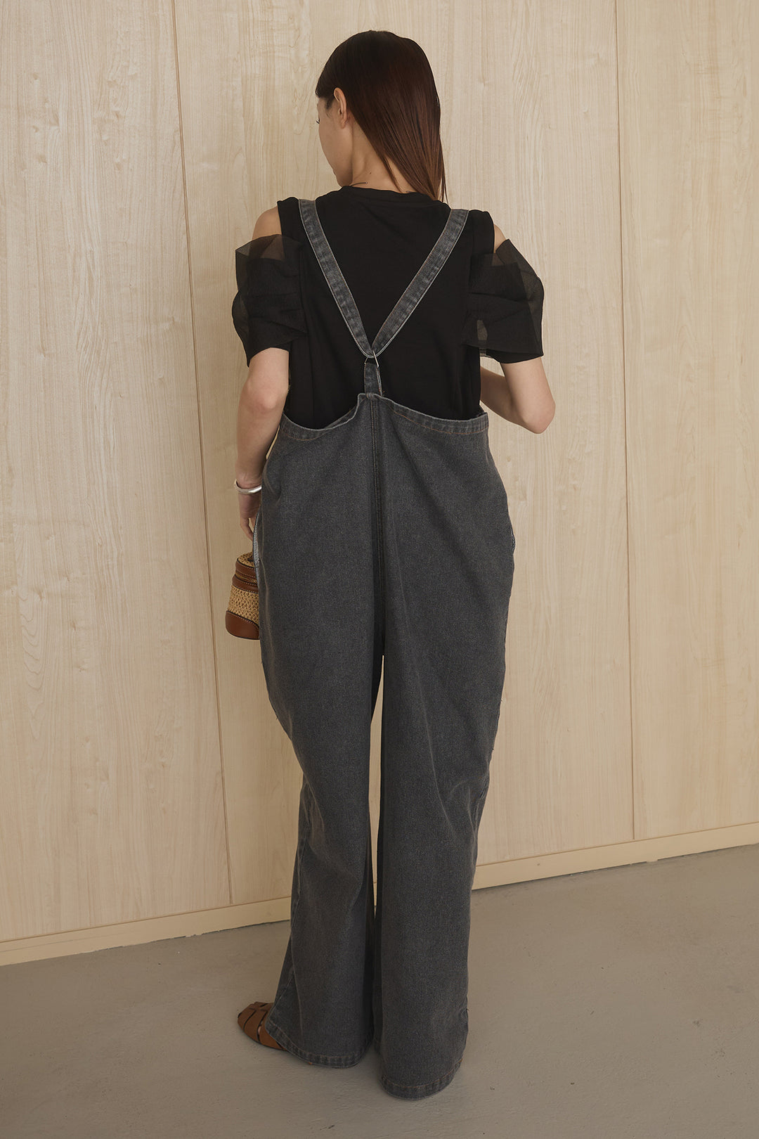 [SET]シアーレイヤーデザインカットソー+フロントボタンデニムサロペット(2set)