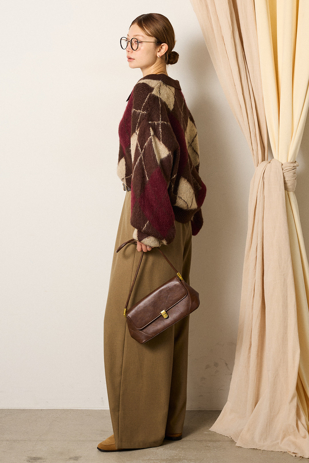 [SET]アクリルモヘアアーガイルキーネックプルオーバー+フロントワイドタックネップ入ワイドパンツ(2set)